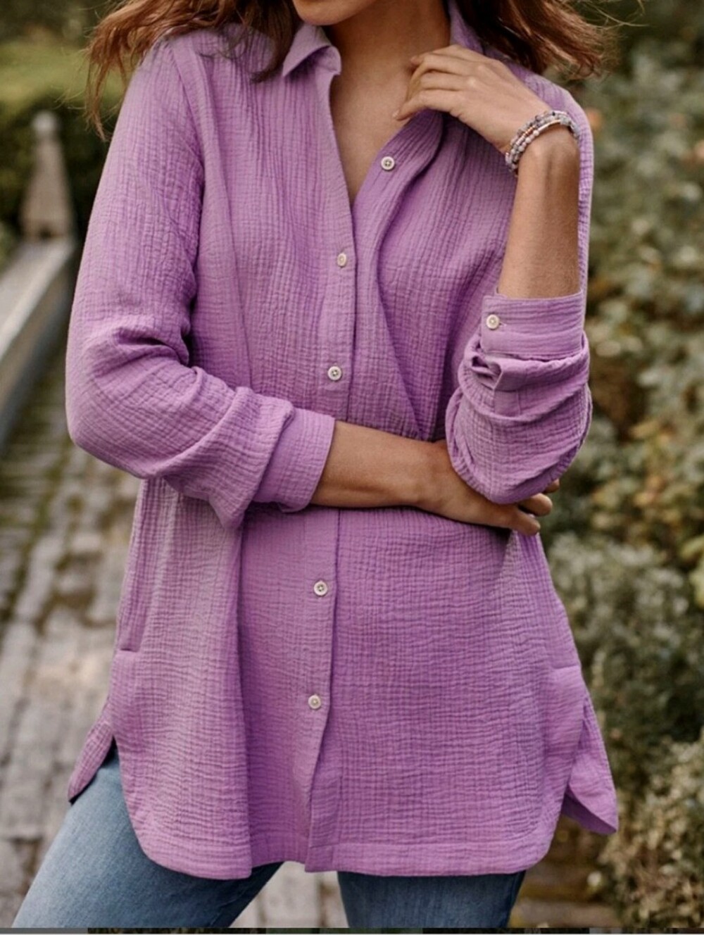 J. Jill Lavender 100% Cotton Gauze Split Tunic Button-Front Shirt Aster